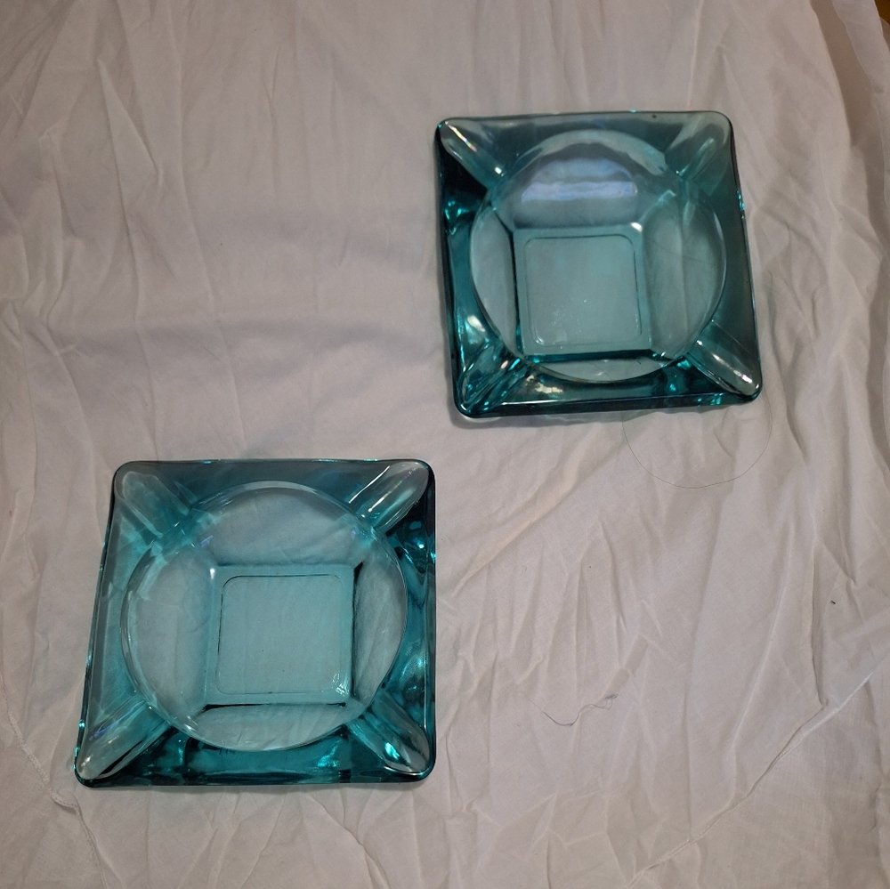Vintage Turquoise Ashtray- Trinket Dish Set Of 2 Rare Heavy Glass